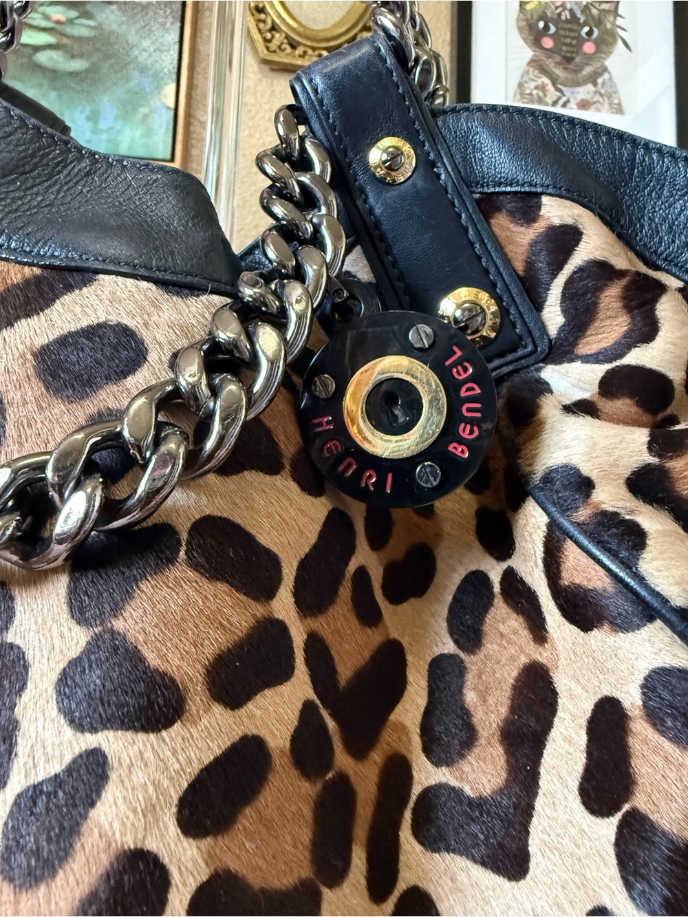 💯Auth! Henri Bendel Calf Hair Leopard Chain Handle Shoulder Bag Blk Leather Trim - Picture 5 of 16